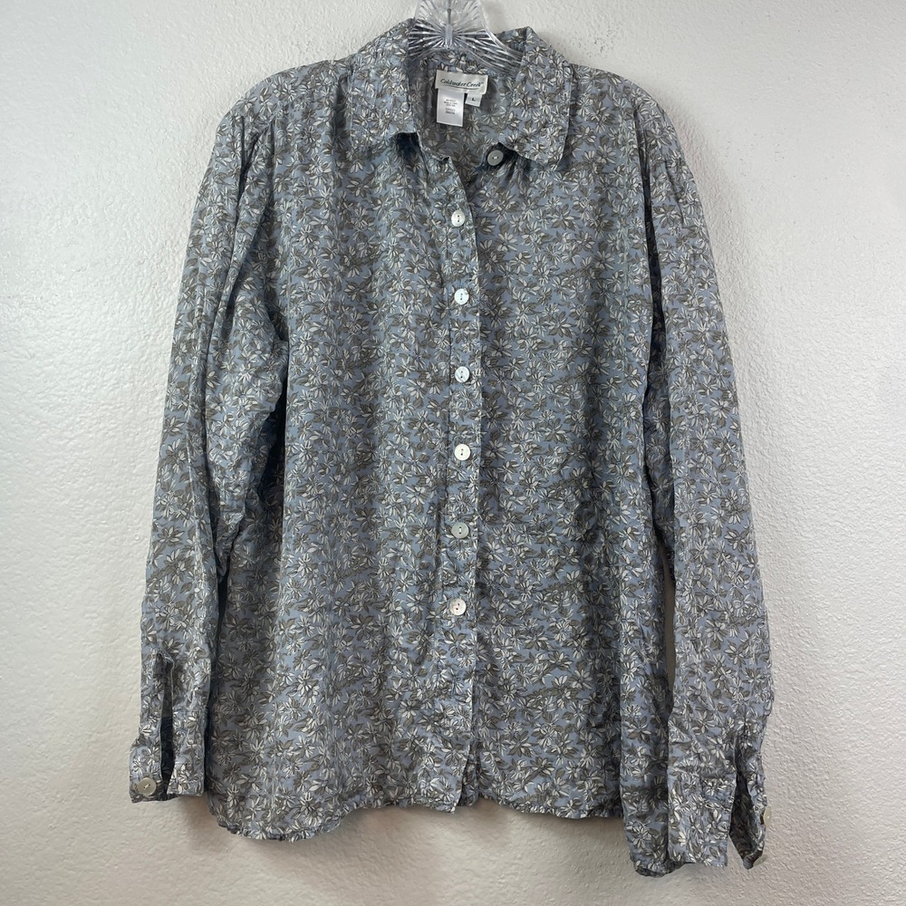 Coldwater Creek Womens Large 100% Silk Floral Button Down Blouse Blue Tan H08354